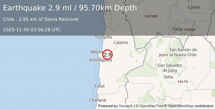 Earthquake ANTOFAGASTA, CHILE (2.9 ml) (2025-11-30 03:56:28 UTC)