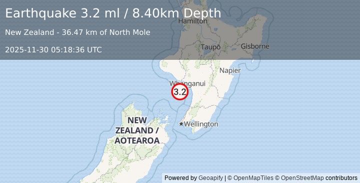 Earthquake COOK STRAIT, NEW ZEALAND (3.2 ml) (2025-11-30 05:18:36 UTC)