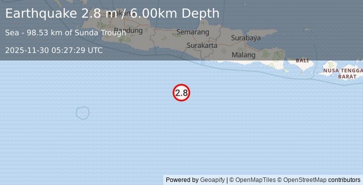Earthquake SOUTH OF JAVA, INDONESIA (2.8 m) (2025-11-30 05:27:29 UTC)
