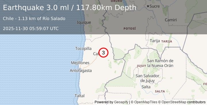 Earthquake ANTOFAGASTA, CHILE (3.0 ml) (2025-11-30 05:59:07 UTC)