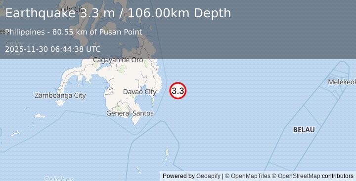 Earthquake PHILIPPINE ISLANDS REGION (3.3 m) (2025-11-30 06:44:38 UTC)