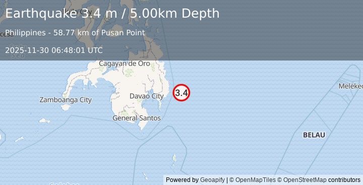 Earthquake PHILIPPINE ISLANDS REGION (3.4 m) (2025-11-30 06:48:01 UTC)