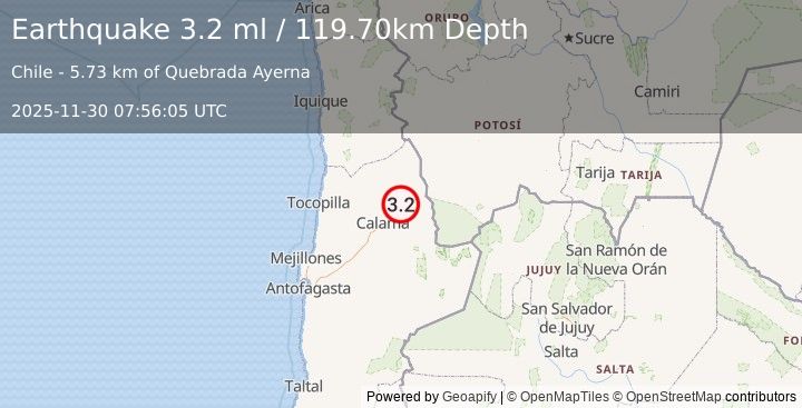Earthquake ANTOFAGASTA, CHILE (3.2 ml) (2025-11-30 07:56:05 UTC)