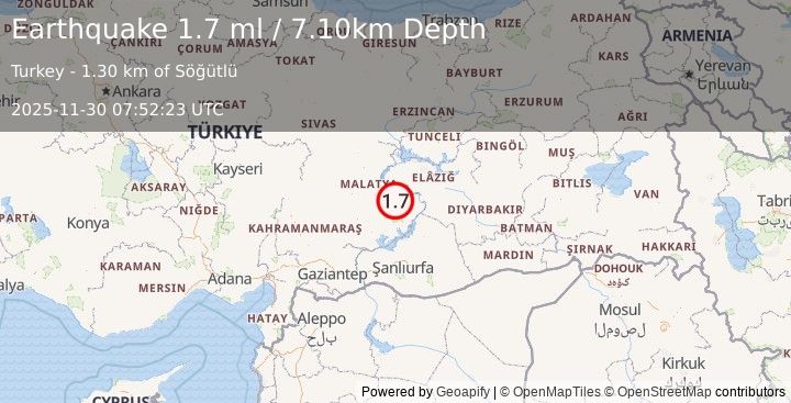 Earthquake EASTERN TURKEY (1.7 ml) (2025-11-30 07:52:23 UTC)