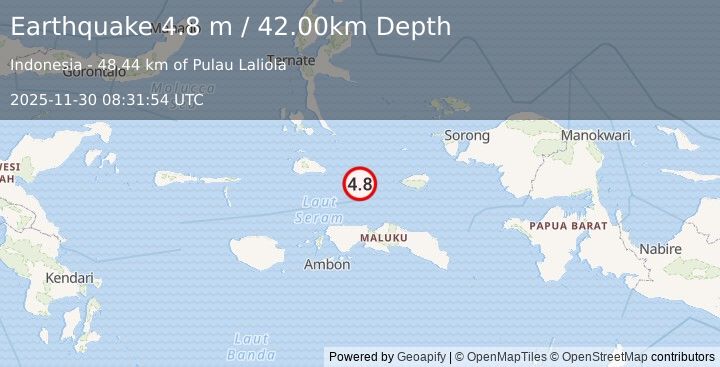Earthquake KEPULAUAN OBI, INDONESIA (4.8 m) (2025-11-30 08:31:54 UTC)