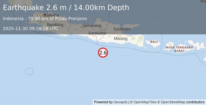 Earthquake SOUTH OF JAVA, INDONESIA (2.6 m) (2025-11-30 09:28:58 UTC)