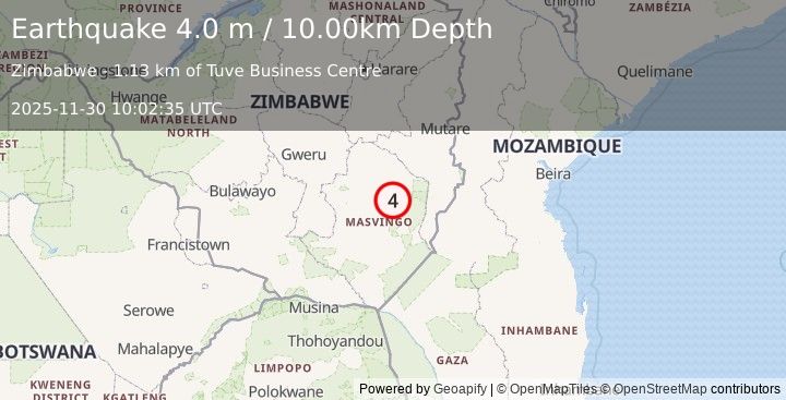 Earthquake ZIMBABWE (4.0 m) (2025-11-30 10:02:35 UTC)