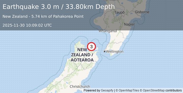 Earthquake COOK STRAIT, NEW ZEALAND (3.0 m) (2025-11-30 10:09:02 UTC)