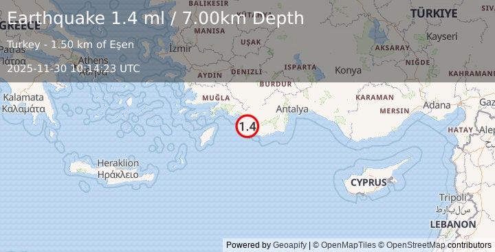 Earthquake WESTERN TURKEY (1.4 ml) (2025-11-30 10:14:23 UTC)