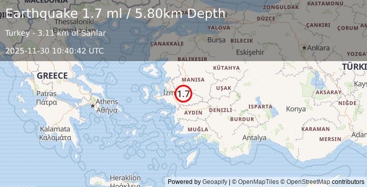 Earthquake WESTERN TURKEY (1.7 ml) (2025-11-30 10:40:42 UTC)