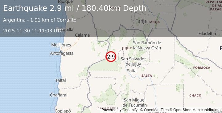Earthquake JUJUY, ARGENTINA (2.9 ml) (2025-11-30 11:11:03 UTC)