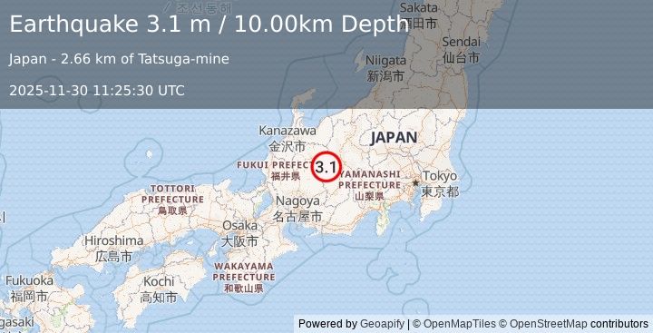 Earthquake EASTERN HONSHU, JAPAN (3.1 m) (2025-11-30 11:25:30 UTC)