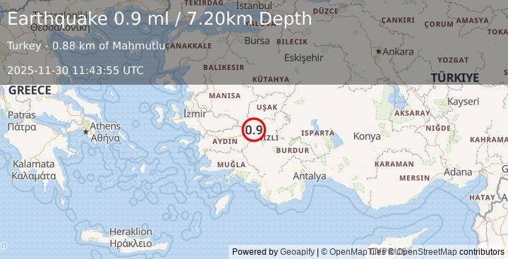Earthquake WESTERN TURKEY (0.9 ml) (2025-11-30 11:43:55 UTC)