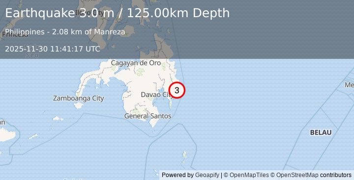 Earthquake MINDANAO, PHILIPPINES (3.0 m) (2025-11-30 11:41:17 UTC)