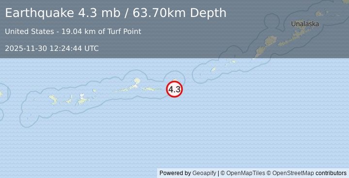 Earthquake ANDREANOF ISLANDS, ALEUTIAN IS. (4.3 mb) (2025-11-30 12:24:44 UTC)