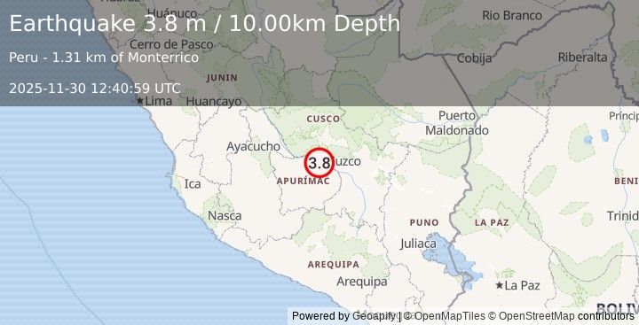Earthquake CENTRAL PERU (3.8 m) (2025-11-30 12:40:59 UTC)