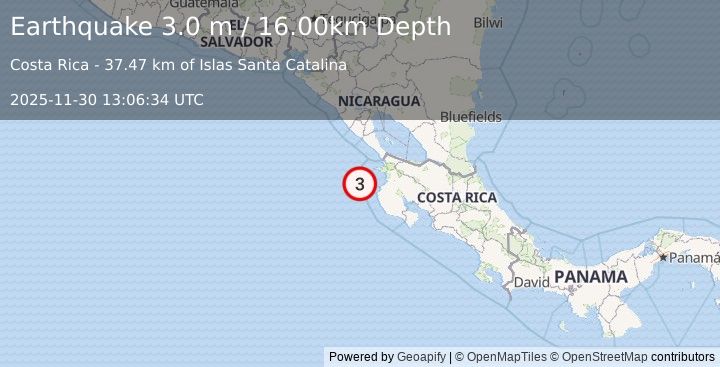 Earthquake OFF COAST OF COSTA RICA (3.0 m) (2025-11-30 13:06:34 UTC)