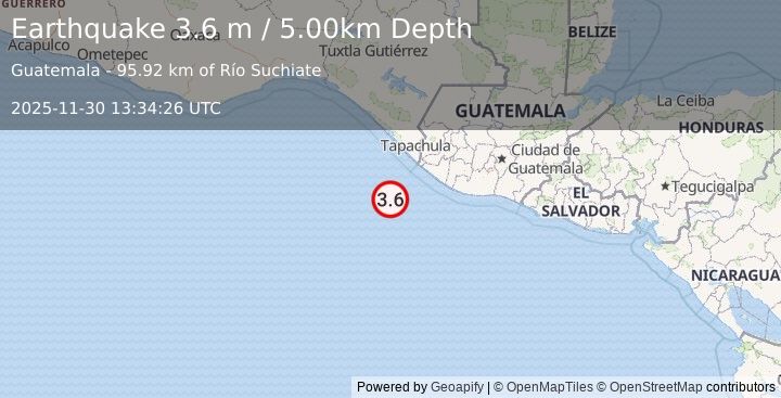 Earthquake OFF COAST OF CHIAPAS, MEXICO (3.9 m) (2025-11-30 13:34:26 UTC)