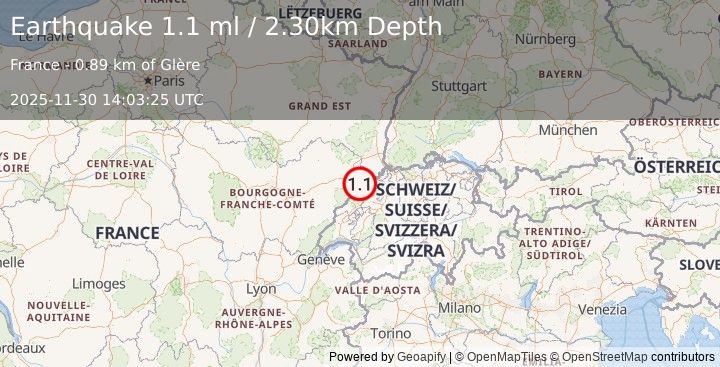 Earthquake FRANCE-GERMANY BORDER REGION (1.1 ml) (2025-11-30 14:03:25 UTC)