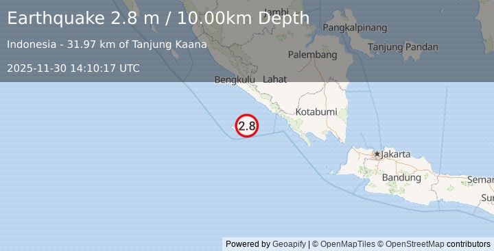 Earthquake SOUTHERN SUMATRA, INDONESIA (2.8 m) (2025-11-30 14:10:17 UTC)