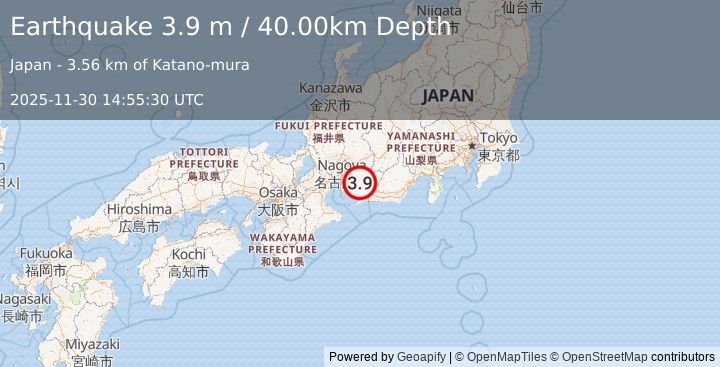 Earthquake EASTERN HONSHU, JAPAN (3.9 m) (2025-11-30 14:55:30 UTC)