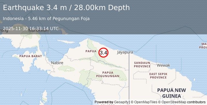 Earthquake NEAR N COAST OF PAPUA, INDONESIA (3.4 m) (2025-11-30 16:33:14 UTC)