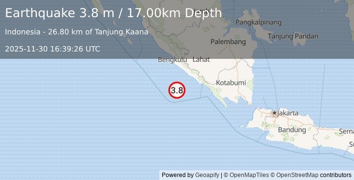 Earthquake SOUTHERN SUMATRA, INDONESIA (3.8 m) (2025-11-30 16:39:26 UTC)