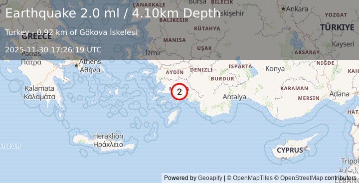 Earthquake WESTERN TURKEY (2.0 ml) (2025-11-30 17:26:19 UTC)