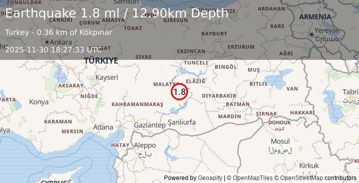 Earthquake EASTERN TURKEY (1.8 ml) (2025-11-30 18:27:33 UTC)