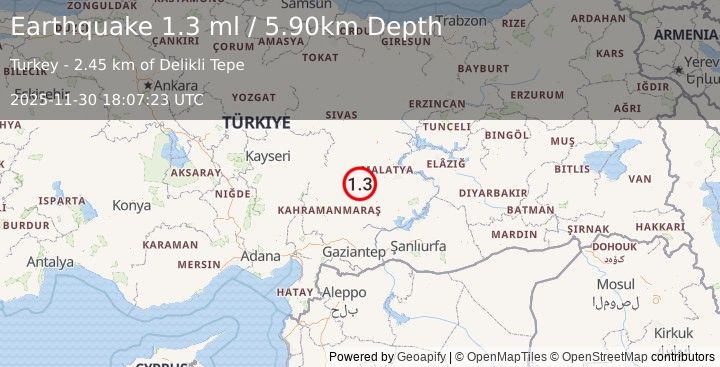 Earthquake CENTRAL TURKEY (1.3 ml) (2025-11-30 18:07:23 UTC)