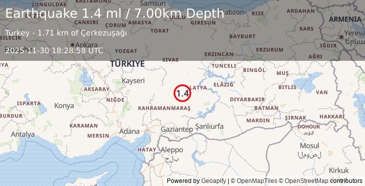 Earthquake CENTRAL TURKEY (1.4 ml) (2025-11-30 18:28:57 UTC)