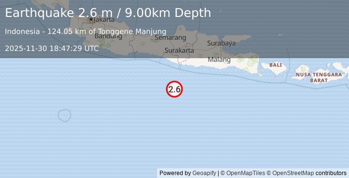 Earthquake SOUTH OF JAVA, INDONESIA (2.6 m) (2025-11-30 18:47:29 UTC)