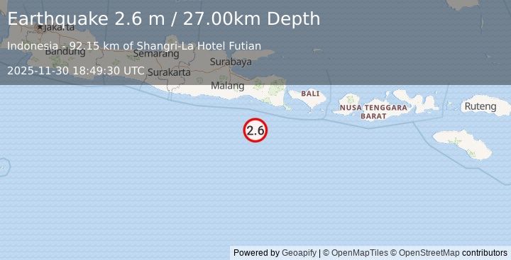 Earthquake SOUTH OF JAVA, INDONESIA (2.6 m) (2025-11-30 18:49:30 UTC)