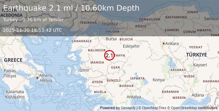 Earthquake WESTERN TURKEY (2.1 ml) (2025-11-30 18:53:42 UTC)