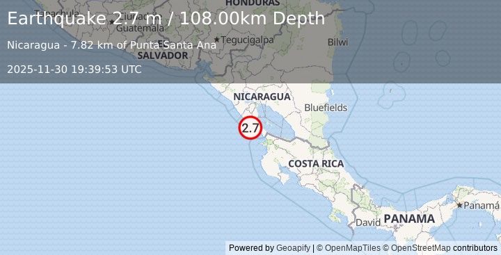 Earthquake NEAR COAST OF NICARAGUA (2.7 m) (2025-11-30 19:39:53 UTC)