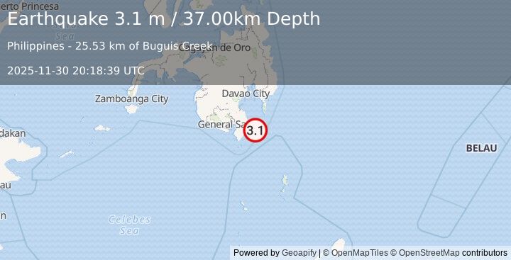 Earthquake MINDANAO, PHILIPPINES (3.1 m) (2025-11-30 20:18:39 UTC)
