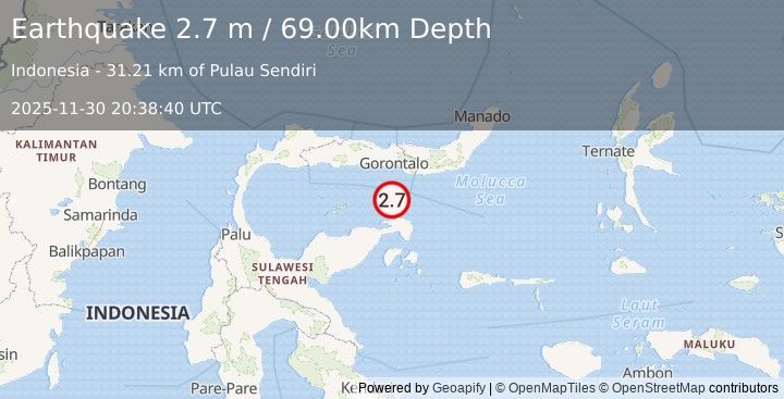 Earthquake SULAWESI, INDONESIA (2.7 m) (2025-11-30 20:38:40 UTC)