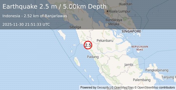 Earthquake NORTHERN SUMATRA, INDONESIA (2.5 m) (2025-11-30 21:51:33 UTC)