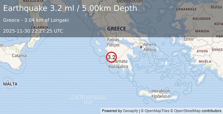 Earthquake SOUTHERN GREECE (3.6 ml) (2025-11-30 22:27:24 UTC)