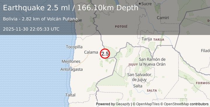 Earthquake ANTOFAGASTA, CHILE (2.5 ml) (2025-11-30 22:05:33 UTC)