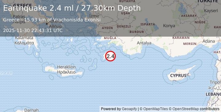 Earthquake DODECANESE IS.-TURKEY BORDER REG (2.4 ml) (2025-11-30 22:43:31 UTC)