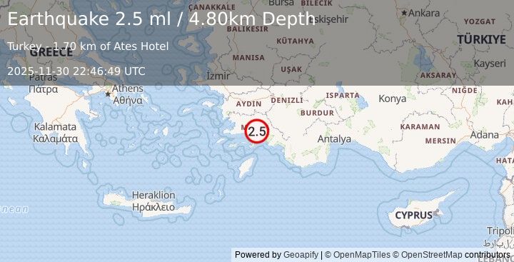Earthquake WESTERN TURKEY (2.5 ml) (2025-11-30 22:46:49 UTC)