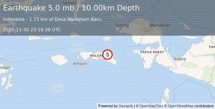 Earthquake SERAM, INDONESIA (4.9 mw) (2025-11-30 23:16:37 UTC)
