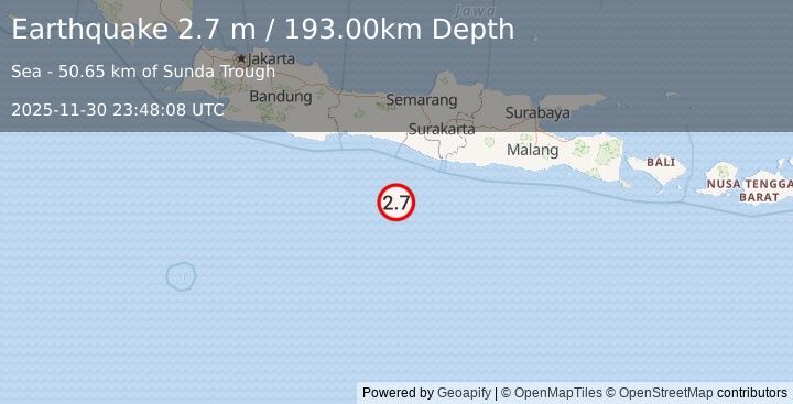 Earthquake SOUTH OF JAVA, INDONESIA (2.7 m) (2025-11-30 23:48:08 UTC)