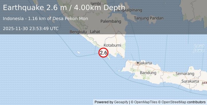 Earthquake SOUTHERN SUMATRA, INDONESIA (2.6 m) (2025-11-30 23:53:49 UTC)