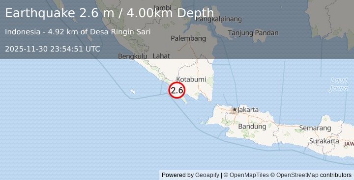 Earthquake SOUTHERN SUMATRA, INDONESIA (2.6 m) (2025-11-30 23:54:51 UTC)