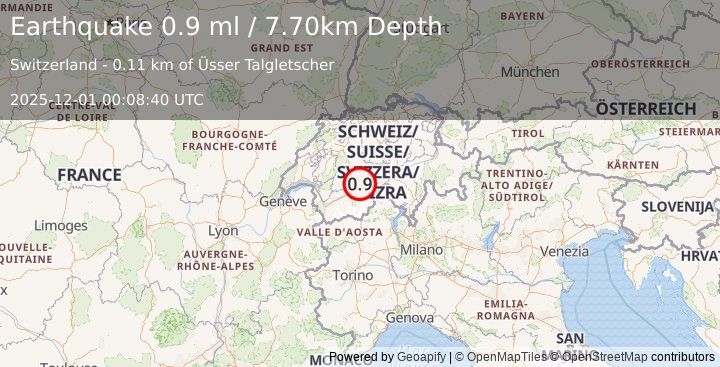 Earthquake SWITZERLAND (0.9 ml) (2025-12-01 00:08:40 UTC)