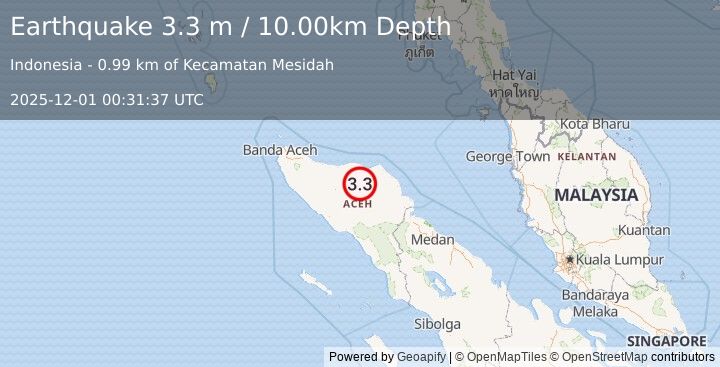 Earthquake NORTHERN SUMATRA, INDONESIA (3.3 m) (2025-12-01 00:31:37 UTC)