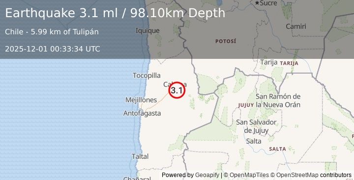 Earthquake ANTOFAGASTA, CHILE (3.1 ml) (2025-12-01 00:33:34 UTC)