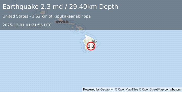 Earthquake ISLAND OF HAWAII, HAWAII (2.3 md) (2025-12-01 01:21:56 UTC)